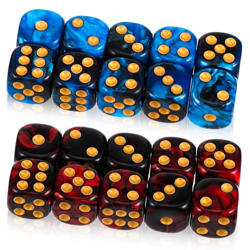 JIEYAO 20 Stück Würfel Set, Polyedrische Würfel D6 Würfelset 16mm Acryl Dice Spielwürfel Blau und Rot Farbwürfel mit Goldpips Bunte Würfel für Rollenspiele Würfelspiele Tischspiele von JIEYAO