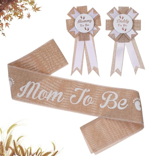 JIEYAO Mommy to Be Schärpe, Baby Shower Schärpe Mom to Be Daddy to Be Korsage Neutrale Schärpe Aus Sackleinen Werdende Mütter Geschenk Babydusche Schärpen Set Mit Anstecknadel für Schwangere Mütter JIEYAO Mommy to Be Schärpe, Baby Shower Schärpe Mom to Be Daddy to Be Korsage Neutrale Schärpe Aus Sackleinen Werdende Mütter Geschenk Babydusche Schärpen Set Mit Anstecknadel für Schwangere Mütter von JIEYAO