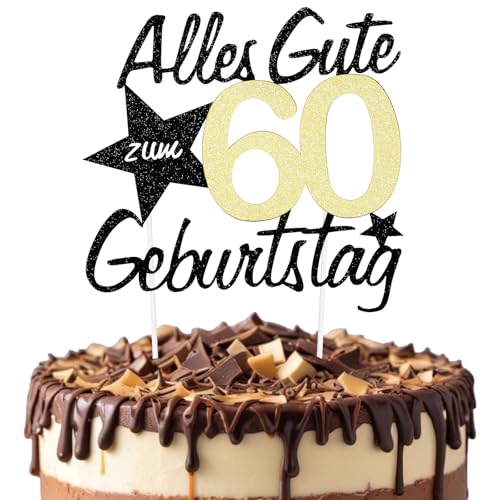JIEYAO Torten Deko 60 Geburtstag,Glitzer Tortendeko Alles Gute zum Geburtstag 60 Cake Topper 60th Birthday Kuchendeko 60. Geburstagstorte Deko Gold Schwarz Frauen Männer(60) von JIEYAO