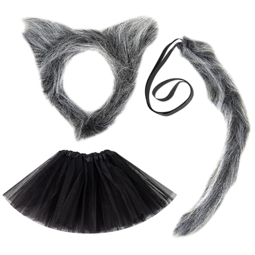 JIHUOO 3-teiliges Halloween-Wolfskostüm-Zubehör-Set für Kinder, bestehend aus grauen, flauschigen Wolfsohren, Stirnband, pelzigem Tierschwanz und schwarzem Tutu-Rock, Weltbuchtag, Tierkostüme, Cosplay JIHUOO 3-teiliges Halloween-Wolfskostüm-Zubehör-Set für Kinder, bestehend aus grauen, flauschigen Wolfsohren, Stirnband, pelzigem Tierschwanz und schwarzem Tutu-Rock, Weltbuchtag, Tierkostüme, Cosplay von JIHUOO