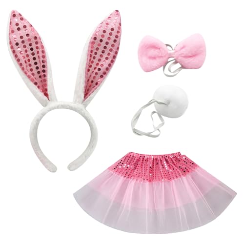 JIHUOO 4-teiliges rosa Hasenkostüm-Set für Kinder, Hasenohren, Stirnband, Tutu, Rock, Fliege und Schwanz, Weihnachten, Halloween, Cosplay-Zubehör von JIHUOO
