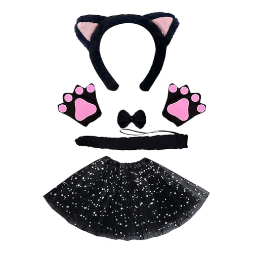 JIHUOO 5-teiliges Katzen-Cosplay-Kostüm-Set, Katzenohren, Stirnband, Fliege, Katzenpfoten-Handschuhe, Schwanz, schwarzes Tutu-Kleid, Tierthema-Party, Kostüm, Halloween, Karneval, Zubehör von JIHUOO