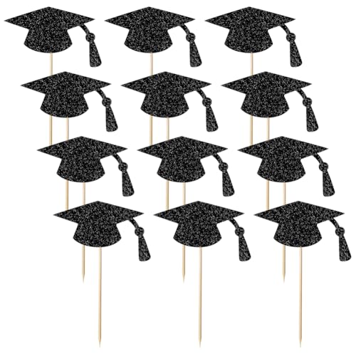 JIHUOO Cupcake-Topper mit Glitzer-Motiv, für Abschlussfeier, Party, Cupcake-Picks, Dessert-Aufsatz, Lebensmittel, dekorative Zahnstocher, Junggesellenhut, Kuchendekorationen, Schwarz, 48 Stück JIHUOO Cupcake-Topper mit Glitzer-Motiv, für Abschlussfeier, Party, Cupcake-Picks, Dessert-Aufsatz, Lebensmittel, dekorative Zahnstocher, Junggesellenhut, Kuchendekorationen, Schwarz, 48 Stück von JIHUOO