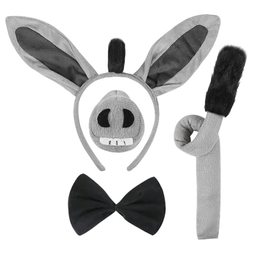 JIHUOO Esel-Kostüm-Zubehör, graue Eselohren, Stirnband, Nasenschwanz und Fliege, Tier-Kostüm, Halloween, Cosplay, Requisiten, Zubehör für Erwachsene und Kinder, 4 Stück JIHUOO Esel-Kostüm-Zubehör, graue Eselohren, Stirnband, Nasenschwanz und Fliege, Tier-Kostüm, Halloween, Cosplay, Requisiten, Zubehör für Erwachsene und Kinder, 4 Stück von JIHUOO