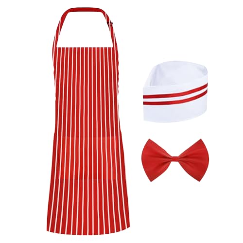 JIHUOO Kellner-Kostüm-Set für Erwachsene, rot und weiß, gestreift, Schürze, Kochmütze, rote Fliege, 1950er-Jahre-Kostüme, für Halloween, Cosplay-Party, 3-teilig, rot / weiß, mix JIHUOO Kellner-Kostüm-Set für Erwachsene, rot und weiß, gestreift, Schürze, Kochmütze, rote Fliege, 1950er-Jahre-Kostüme, für Halloween, Cosplay-Party, 3-teilig, rot / weiß, mix von JIHUOO