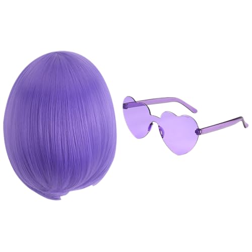 JIHUOO Kurzer Bob-Perücke, bunt, Cosplay-Perücke, farbige Kostüm-Perücke, tägliche Party, Haarteil mit herzförmiger randloser Sonnenbrille, Liebesherz, Partybrille für Erwachsene und Kinder, Lila JIHUOO Kurzer Bob-Perücke, bunt, Cosplay-Perücke, farbige Kostüm-Perücke, tägliche Party, Haarteil mit herzförmiger randloser Sonnenbrille, Liebesherz, Partybrille für Erwachsene und Kinder, Lila von JIHUOO