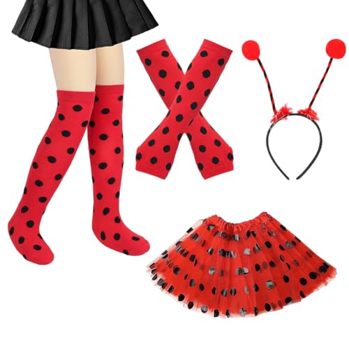 JIHUOO Marienkäfer-Kostüme für Kinder mit Marienkäfer-Haarreif, rot und schwarz, gepunktet, Tutu, Rock, Bein- und Armstulpen, Tierkostüme, Weltbuchtag, Kostümzubehör, 4 Stück JIHUOO Marienkäfer-Kostüme für Kinder mit Marienkäfer-Haarreif, rot und schwarz, gepunktet, Tutu, Rock, Bein- und Armstulpen, Tierkostüme, Weltbuchtag, Kostümzubehör, 4 Stück von JIHUOO