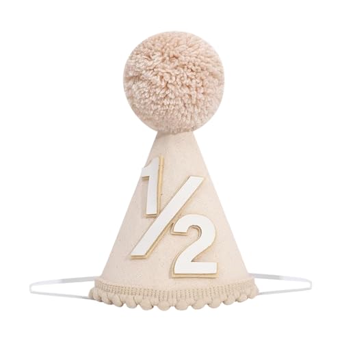 JIHUOO Neutraler Boho-Hut für 1/2 Geburtstagsparty, Kegelhut, Stirnband, Beige, halber Geburtstag, Kronenkappe, 6 Monate alt, Partyhut mit Bommel, Baby 6 Monate, Fotoshooting-Requisiten, halber Weg zu von JIHUOO