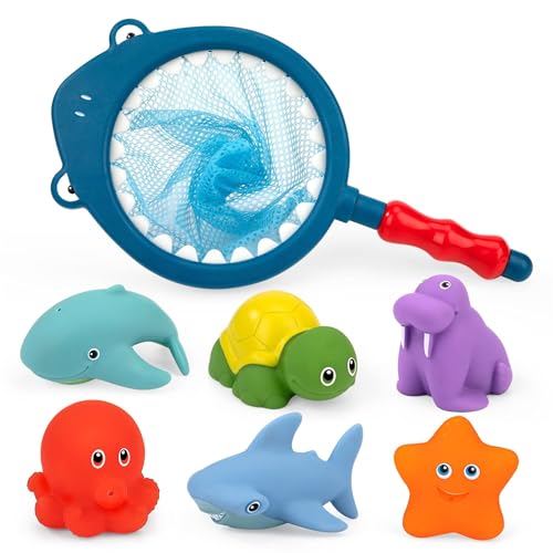Badespielzeug Baby, 7 Stück Badewannenspielzeug, Wasserspielzeug Kinder, Badewanne Pool Spielzeug mit Fischernetz, Schildkröten Hai badespaß Geschenk für 3 4 5 6 + Jahre Kleinkind Jungen Mädchen Badespielzeug Baby, 7 Stück Badewannenspielzeug, Wasserspielzeug Kinder, Badewanne Pool Spielzeug mit Fischernetz, Schildkröten Hai badespaß Geschenk für 3 4 5 6 + Jahre Kleinkind Jungen Mädchen von JIIENO
