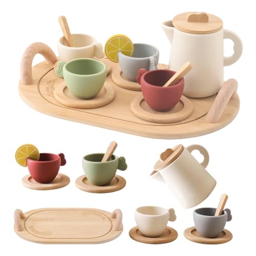 Teeservice Kinder Silikon Holz Kinderküche zubehör, Teeparty Rollenspiele Spielküche zubehör, Teeset Kinderspielzeug, Küchenzubehör Holzspielzeug,Geschenk für Mädchen Jungen Teeservice Kinder Silikon Holz Kinderküche zubehör, Teeparty Rollenspiele Spielküche zubehör, Teeset Kinderspielzeug, Küchenzubehör Holzspielzeug,Geschenk für Mädchen Jungen von JIIENO