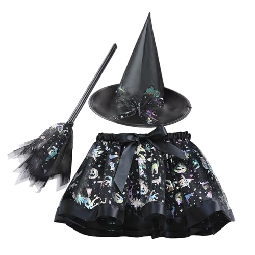 Halloween Kostüm Kinder Mädchen Black Witch,Hexenkostüm Kinder Tüllrock Schwarz Mit Hexenhut Hexenbesen,Hexenkostüm Kind Tutu Rock Spinnenkostüm,Hexenrock Witch Costume Kids Für Halloween Cosply von JINGTOPS