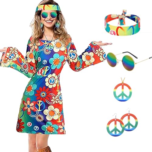 JINGTOPS 60er 70er Jahre Hippie Kostüm Dame,Hippie Kleid,70er Disco Outfit Kostüm Damen,Hippie Kostüm für Karneval Party Cosplay mit Peace Zeichen Ohrringen Halskette Stirnband Sonnenbrille (XXL) von JINGTOPS