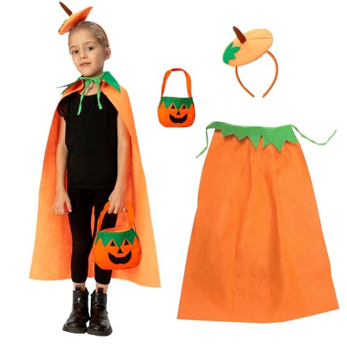 JINGTOPS Halloween Umhang Kürbis Kinder, Halloween kürbis Cosplay Kostüm 80cm, Pumpkin Costume für Kinder 3-13 Jahre, mit Kürbis Stirnband Tasche Karneval Party Cosplay von JINGTOPS
