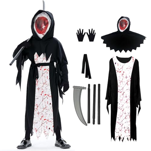 JINGTOPS Sensenmann Kostüm Kinder Grim Reaper Halloween mit Sichel und Handschuhen, Unisex Kostüm Grim Reaper für Halloween Party Dekoration,Bühnenkleidung für Kinder (L) von JINGTOPS