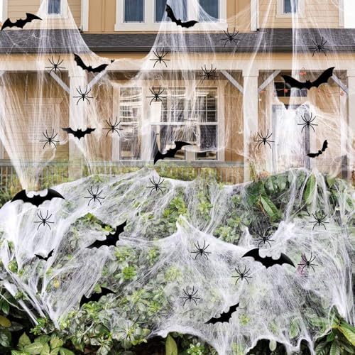 Spinnennetz Halloween Deko Outdoor Set,200g DIY Spinnennetz 40 Stück Spinne Horror Deko Und 24 Stück 3d Fledermäuse Deko,Spinnweben Halloween Spinnennetz Outdoor Für Grusel Deko Garten Fenster Party von JINGTOPS