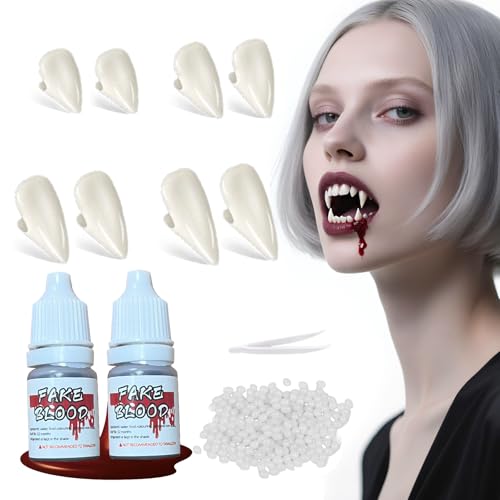 Vampirzähne Halloween Vampir Accessoires Damen Set,4 Größenvampir Zähne Mit Granuliertes Zahnkleber Und Kunstblut,Vampirzähne Erwachsene Kinder Für Halloween Party Vampire Cosplay von JINGTOPS