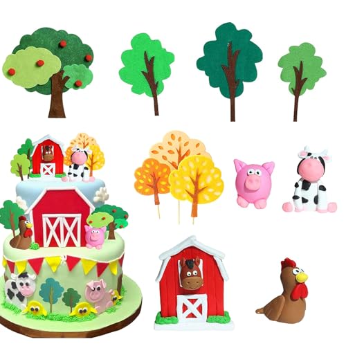 JINJUMEI 11 Stück Bauernhof Tier Cake Topper, Kuh, Schweine, Hühner, Häuser, Bäume Tortendeko Tier Muffin Deko, Bauernhof Geburtstag Cake Deko Geeignet für Kindergeburtstage, Bauernhofpartys von JINJUMEI