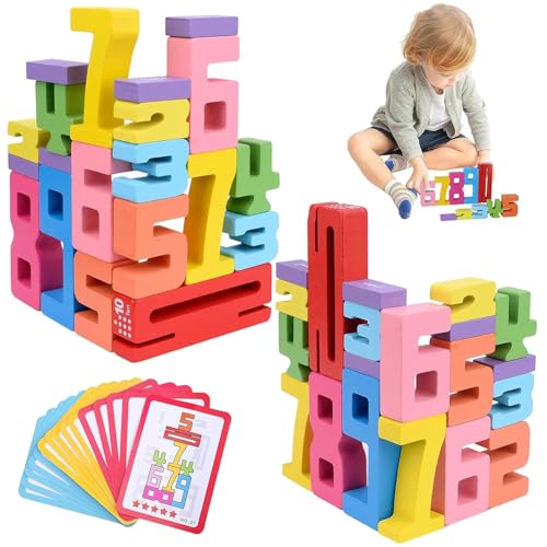 JINJUMEI 20 Stück Number Blocks, Holz Zahlen, Montessori Zahlen, Bunt Stapelzahlen, Vorschul-Lernaktivitäten für Geburtstagsgeschenke, Familienspiel von JINJUMEI