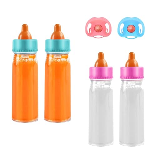 JINJUMEI 4 Stück Puppenflasche Mit Milch und 2 Stück Puppenschnuller, Magische Flasche, Magie Puppenzubehör, Flüssigkeit Verschwindet Beim Kippen für Kinder, ab 3 Jahre von JINJUMEI