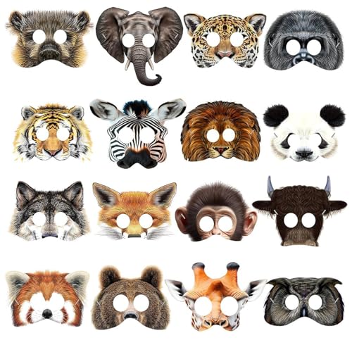 JINLAIYUN Tiere Masken Kinder 16 Stück Tiermasken Papier Kinder Geburtstag Deko Animal Masken Charakter Cosplay Hallowee Partyzubehör Maskerade Karneval Jungen und Mädchen (Wildtiere) von JINLAIYUN