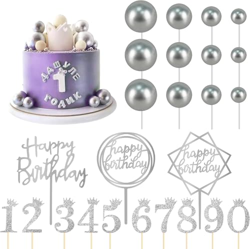 25 Stück Happy Birthday Tortendeko, Glitter Cake Topper Geburtstag Silber, mit tortendeko kugeln und 0-9 Zahlen Topper, tortenstecker geburtstag für Geburtstag Party, Hochzeit 25 Stück Happy Birthday Tortendeko, Glitter Cake Topper Geburtstag Silber, mit tortendeko kugeln und 0-9 Zahlen Topper, tortenstecker geburtstag für Geburtstag Party, Hochzeit von JIOLINK