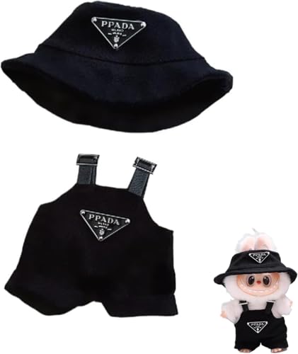 Bekleidung für Labubu 2 Stück Set 17cm Puppe Kleidung DIY Outfit für Labubus Puppen schwarzer Hut, Latzhose Geeignet für Sammler, Kindergeschenke von JIOLINK