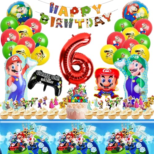 Deko 6. Geburtstag Kinder, 52 Stück Cartoon Party Deko Kindergeburtstag, 6. Geburtstag Junge Mädchen Deko Set mit Happy Brithday Banner, Tischdecke, Cake Topper, Latexballon, Luftballon (6) von JIOLINK