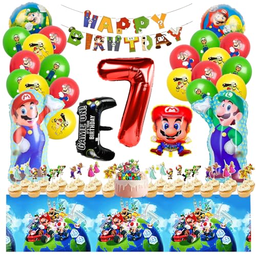 Deko 7. Geburtstag Kinder, 52 Stück Cartoon Party Deko Kindergeburtstag, 7. Geburtstag Junge Mädchen Deko Set mit Happy Brithday Banner, Tischdecke, Cake Topper, Latexballon, Luftballon (7) von JIOLINK