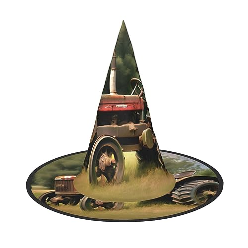 JIPOFD Alter Traktor Fotos Bauernhof Halloween Hexenkostüm Zubehör Spitzkappe Hexenhut Faltbare Halloween Hüte 2 Stück von JIPOFD