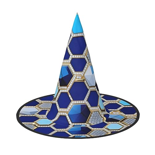 JIPOFD Blaue Sechsecke und Diamant Halloween Hexenkostüm Zubehör Spitzkappe Hexenhut Faltbare Halloween Hüte 2 Stück von JIPOFD