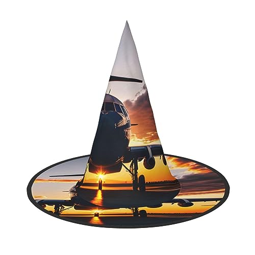 JIPOFD Flugzeugflugzeug bei Sonnenuntergang Halloween Hexenkostüm Zubehör Spitzkappe Hexenhut Faltbare Halloween Hüte 2 Stück von JIPOFD