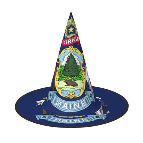 JIPOFD Maine State Flag Halloween Hexenkostüm Zubehör Spitzkappe Hexenhut Faltbare Halloween Hüte 2 Stück von JIPOFD