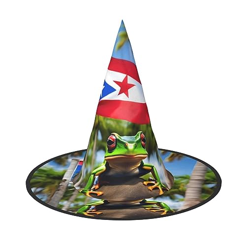 JIPOFD Puerto Rico Flaggen Frosch Palmen Halloween Hexenkostüm Zubehör Spitzkappe Hexenhut Faltbare Halloween Hüte 2 Stück von JIPOFD