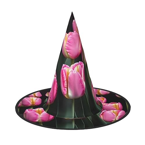 JIPOFD Roter und Tulpenaufdruck, Halloween-Hexenkostüm, Zubehör, Spitzkappe, Hexenhut, faltbar, Halloween-Hüte, 2 Stück von JIPOFD