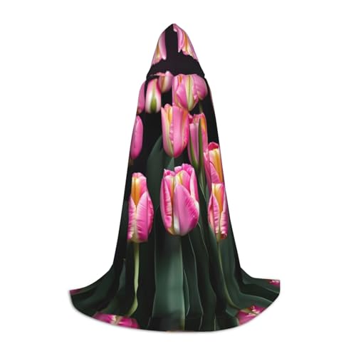 JIPOFD Roter und Tulpenaufdruck, langer Umhang für Halloween-Umhang, Kostüme, Kapuzenumhang, Maskerade, Kostüm von JIPOFD