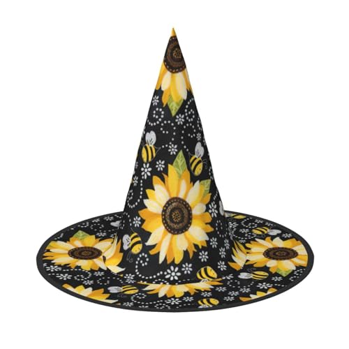 JIPOFD Sonnenblume Bienen Halloween Hexenkostüm Zubehör Spitzkappe Hexenhut Faltbare Halloween Hüte 2 Stück von JIPOFD