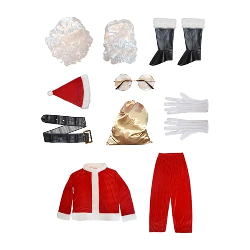 JISADER 10 x Weihnachtsmann-Kostüm, Deluxe, wiederverwendbar, für Herren, Erwachsene, Handschuhe, Perücke, Weihnachtsanzüge, Set, Cosplay-Anzug für Feiertage, von JISADER