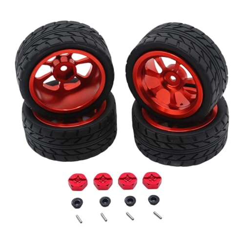 JISADER RC-Räder-Reifen-Kit, Ersatz-RC-Auto-Upgrade-Teil, 12-mm-Sechskant-Adapter-Kit für 144001, Rot von JISADER