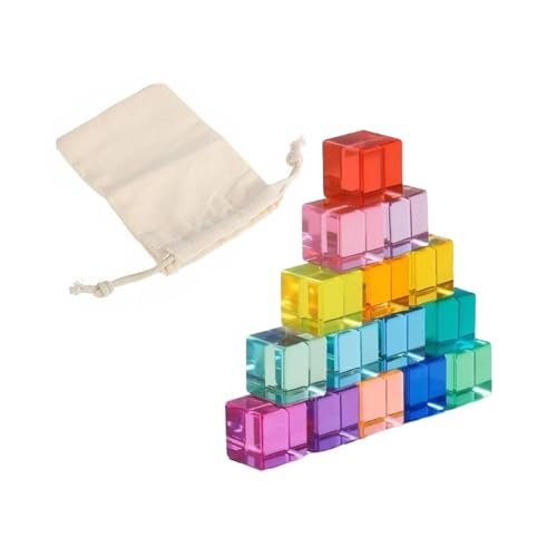 JISADER Regenbogen-Bausteine-Set, Regenbogen-Bausteine, Acrylwürfel, Farberkennung, mit Aufbewahrungstasche, Lernspielzeug für von 3–6 Jahren, 15 Stück von JISADER