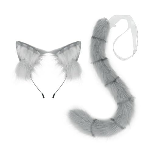 JISADER und Schwanz, Haarband, Tierohren, Katzenkostüm-Zubehör für Party-Dekoration, grau von JISADER