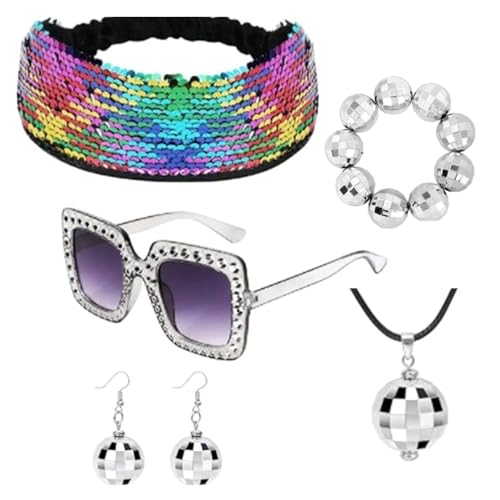 JIUJIUWO Stilvolles Party Zubehör Set 5-teilig Stirnband Sonnenbrille Halskette Ohrringe Für Damen Nachtclub Event Partyzubehör Cosplay Party Outfit von JIUJIUWO