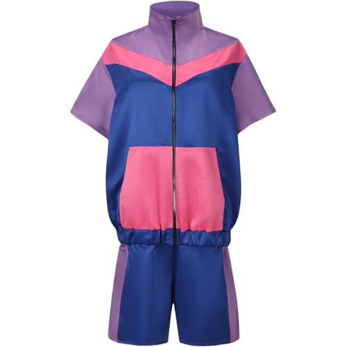 JIULINGHOU 80er Jahre Farbblock-Windbreaker-Outfits für Damen, Neon, kurze Ärmel, Reißverschluss vorne, elastische Taille, Trainingsanzug-Set von JIULINGHOU