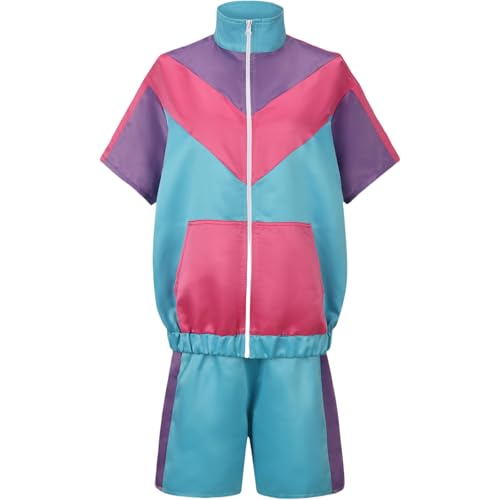 JIULINGHOU 80er-Jahre-Trainingsanzug, Farbblock, Windbreaker, 2-teiliges Outfit, kurzärmelig, Reißverschluss vorne, elastische Taille, Trainingsanzug-Set von JIULINGHOU