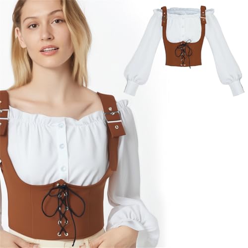 JIULINGHOU Damen Mittelalterliches Hemd, Korsett mit Schultern, Renaissance, gerüscht, kurzärmelig, mit Denim-Riemen, zweiteiliges Set von JIULINGHOU