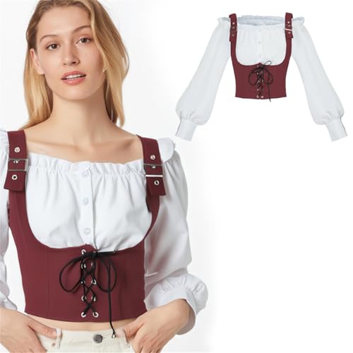 JIULINGHOU Mittelalter One Shoulder Shirt Korsett Renaissance Gerafft Kurzarm mit Denim Strap Zweiteiliges Set von JIULINGHOU