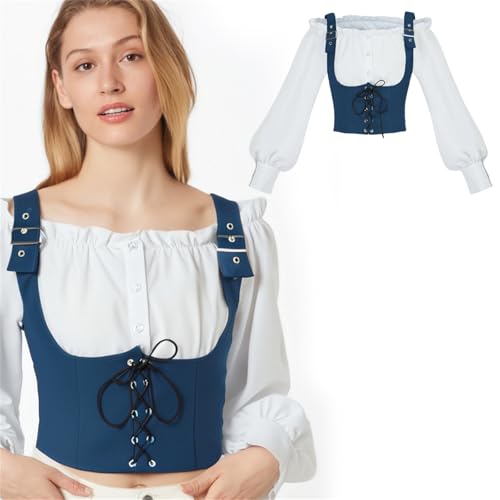 JIULINGHOU Mittelalterliches Korsett-Set für Damen, Weste und schulterfreies Hemd, Laternenärmel, bauchfreies Oberteil, Renaissance, viktorianisches Kostüm von JIULINGHOU