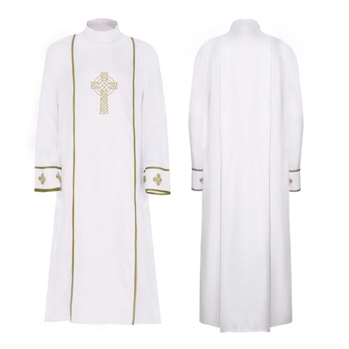 JIULINGHOU Unisex Erwachsener weißer Priestermantel Klerus Römer Goldbesatz Cassock Chor Robe Kanzel Pastor Cape von JIULINGHOU
