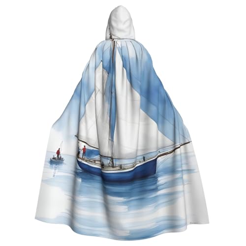 JIUTY Blaues Segelboot 1 bedruckter Maskerade, wirtschaftlicher Kapuzenumhang für Erwachsene, 140 cm lang, perfekt für Halloween-Partys, Tänze von JIUTY