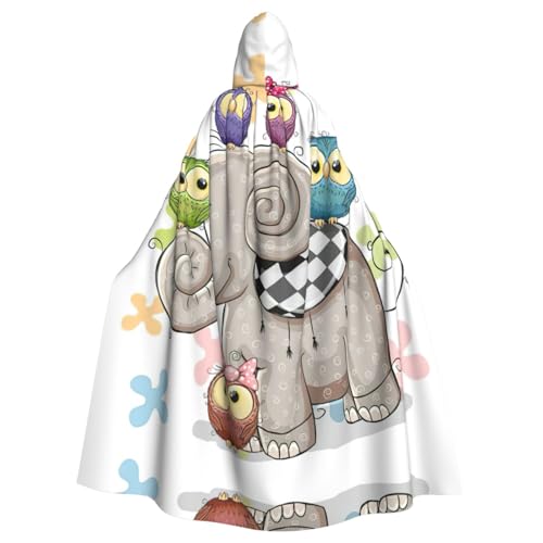 JIUTY Cartoon-Elefant und Eulen-Blumendruck-Maskerade, Erwachsenen-Umhang, 140 cm lang, perfekt für Halloween-Partys, Tänze von JIUTY