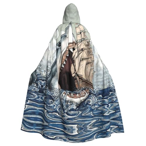 JIUTY Cartoon-Maskerade mit Hai-Motiv, Motiv: Hai, das Schiff im Ozean isst, bedruckt, für Erwachsene, wirtschaftlicher Umhang mit Kapuze, 140 cm lang, perfekt für Halloween-Partys, Tänze von JIUTY